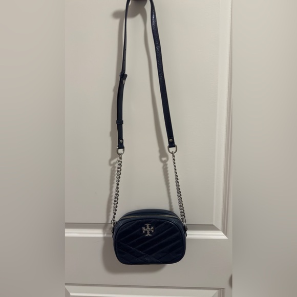 Kira Chevron Textured Distressed Leather Small Camera Bag. NWT. Federal Blue